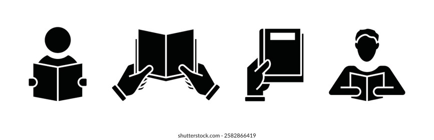 Book icon set. Containing library, read, author, journal, reading, bookshelf, magazine, e-book and more. Vector solid icons collection.