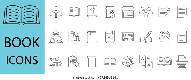 Conjunto de ícones de livro. Contendo biblioteca, leitura, autor, diário, leitura, biblioteca, revista, e-book e muito mais. Coleção de ícones sólidos de vetor, Editável...


