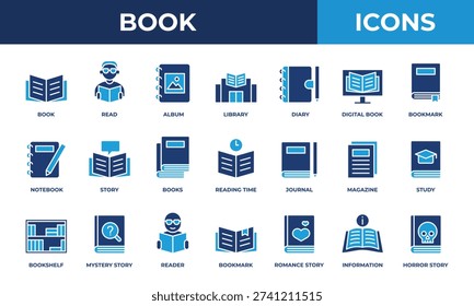Book icon set. Contains solid blue icons related to reading, library, diary, notebook, and more.
