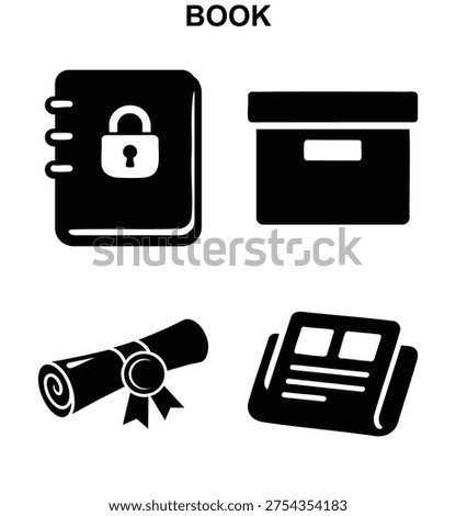 Book icon set with book diary, book archive box, diploma scroll and newspaper book in black and white vector