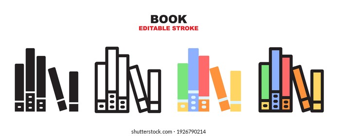 Book icon set with different styles. Colored vector icons designed in filled, outline, flat, glyph and line colored. Editable stroke style can be used for web, mobile, ui and more.