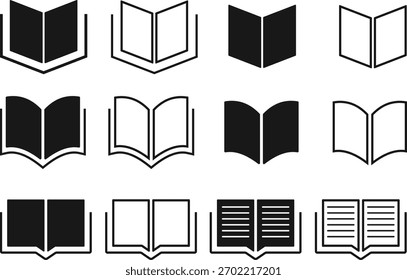 Symbolsatz für Bücher. Symbole für Bildung, Lesen und Wissen. Bibliothek und E-Reader-Zeichen. Symbolsammlung für Storytelling, Recherche und Content Management