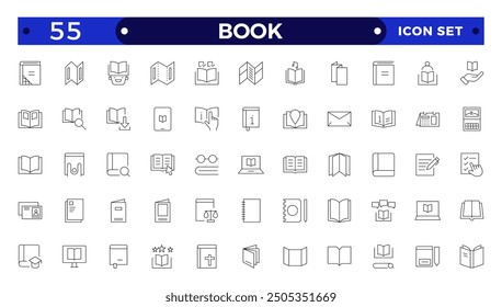 book icon set education study reading learning language skill Outline icon. Book line icons set. Open brochure, magazine, literature, dictionary, audiobook, learning, education, information.
