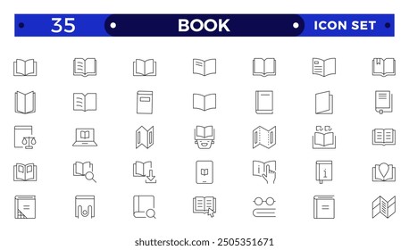 book icon set education study reading learning language skill Outline icon. Book line icons set. Open brochure, magazine, literature, dictionary, audiobook, learning, education, information.
