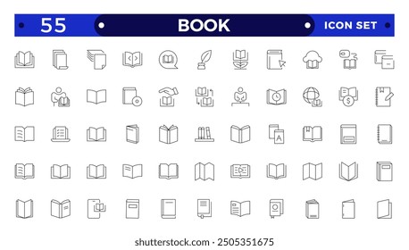 book icon set education study reading learning language skill Outline icon. Book line icons set. Open brochure, magazine, literature, dictionary, audiobook, learning, education, information.
