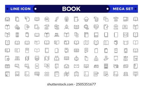 book icon set education study reading learning language skill Outline icon. Book line icons set. Open brochure, magazine, literature, dictionary, audiobook, learning, education, information.
