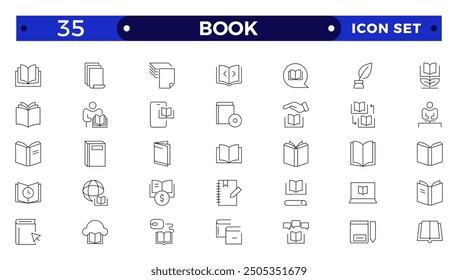 book icon set education study reading learning language skill Outline icon. Book line icons set. Open brochure, magazine, literature, dictionary, audiobook, learning, education, information.
