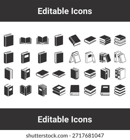 Conjunto de íconos de libros con varios símbolos literarios, educativos y de Biblioteca para la publicación y conceptos de diseño académico