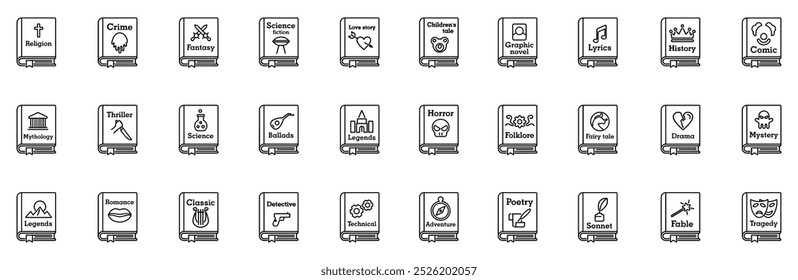 Book icon set. Book genre icon. Collection Of Book Genres Icons Collection Isolated Silhouette Solid Icons Including Book, Education, Knowledge, Story, Read. Vector Illustration. EPS 10