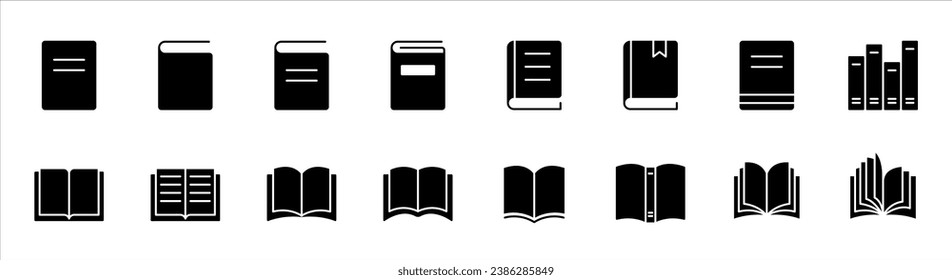 Book icon set. Glyph book icon. Library book symbol. Open and close textbook. Vector illustration.