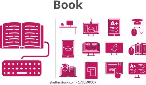 book icon set. included chemistry, test, homework, touchscreen, training, microscope, ereader, desktop, ebook, books, elearning, enter icons. filled styles.
