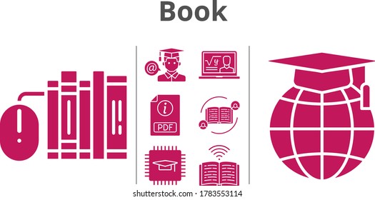 book icon set. included feedback, chip, professor, books, pdf, student, school, book icons. filled styles.