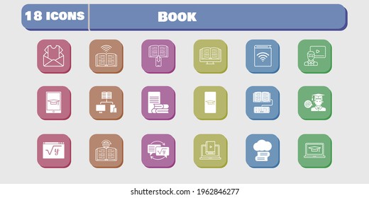 book icon set. included newsletter, audiobook, homework, student, learn, maths, book, learning, cloud library, student-smartphone icons on white background. linear, filled styles.