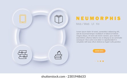 Juego de iconos del libro. Alegría, relajación y estimulación mental, lectura. Educación. Estilo neomorfista. Icono de línea de vector para negocios y publicidad