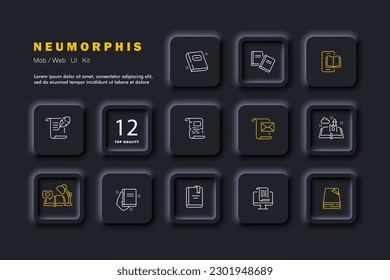 Juego de iconos del libro. Alegría, relajación y estimulación mental, lectura. Educación. Estilo neomorfista. Icono de línea de vector para negocios y publicidad