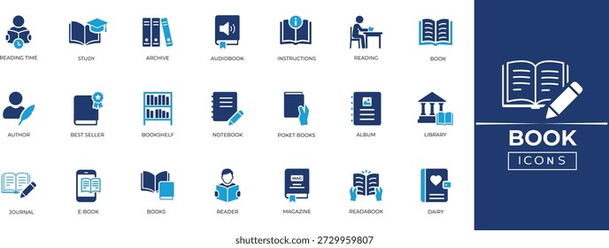 Book icon set for library, education, study, and knowledge. Vector symbols for reading, school, literature, and bookstore design. Solid icon collection. 