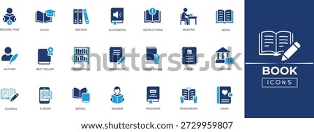 Book icon set for library, education, study, and knowledge. Vector symbols for reading, school, literature, and bookstore design. Solid icon collection. 