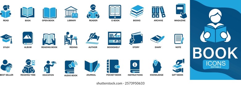 Book icon set library, read, author, journal, reading, bookshelf, magazine, e-book You can easily change the color