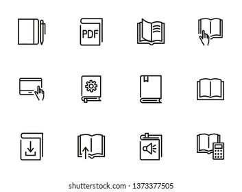 Book icon set. Line icons collection on white background. Reading, information, knowledge. Education concept. Can be used for topics like school, literature, bookstore 