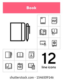 Book icon set. Line icons collection on white background. Reading, information, knowledge. Education concept. Can be used for topics like school, literature, bookstore