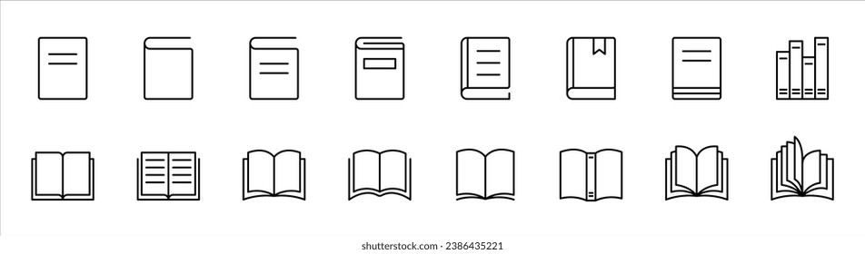 Book icon set. Line book icon. Library book symbol. Open and close textbook. Editable stroke. Vector illustration.