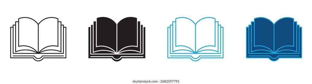 Conjunto de ícones de livro. Conjunto de ícones lineares de livros abertos com páginas de papel, ilustração vetorial.