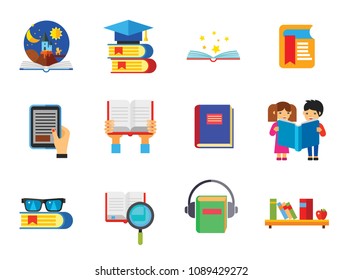 Book Icon Set. Book And Magnifier Reading Glasses Shelf E-book Open Book Children Reading Tales Bookmark Science Audiobook Stack