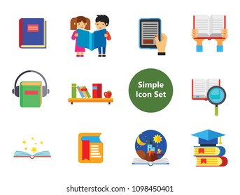 Book Icon Set. Book And Magnifier Reading Concept Glasses Bookshelf E-book Open Book Children Reading Tales Bookmark Science Audiobook Education