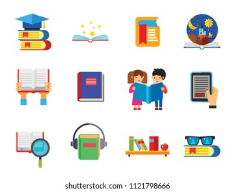 Book Icon Set. Magnifier Reading Book With Glasses Bookshelf E-book Open Book Children Reading Tales Bookmark Science Audiobook Books Stack