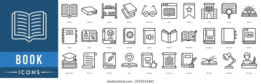 book icon set. Open Book, Closed Book, Bookshelf, Book Stack, Reading Glasses, E-Book, Bookmark, Library, Literature, Storybook, Notebook and Textbook