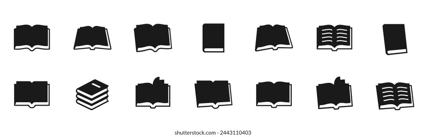 Book icon set. Open book, pages, bookmark, magazine. Editable stroke