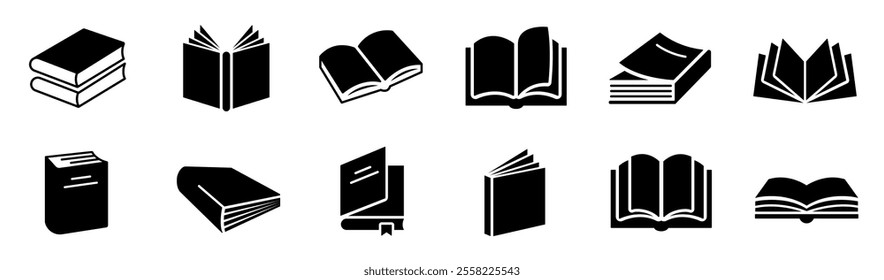 Book icon set. Open book, study, learn, education, paper.