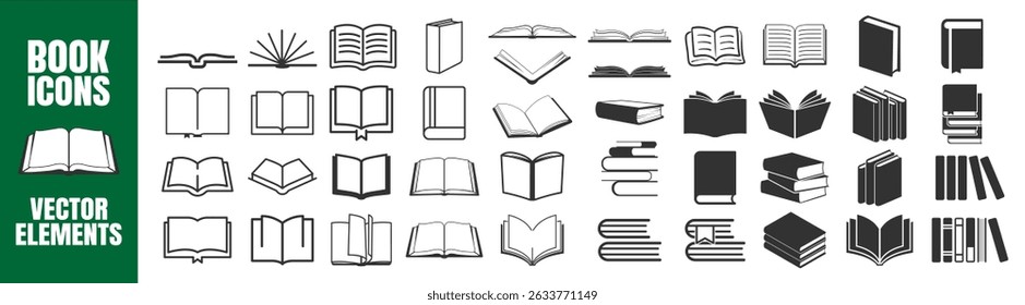 Book Icon Set. Open Book Symbols, Education Study Pictograms, Vector Line Design on Transparent Background