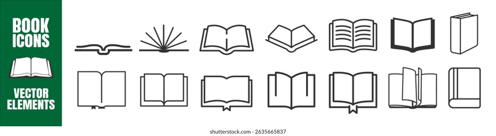 Book Icon Set. Open Book Symbols, Education Study Pictograms, Vector Line Design on Transparent Background