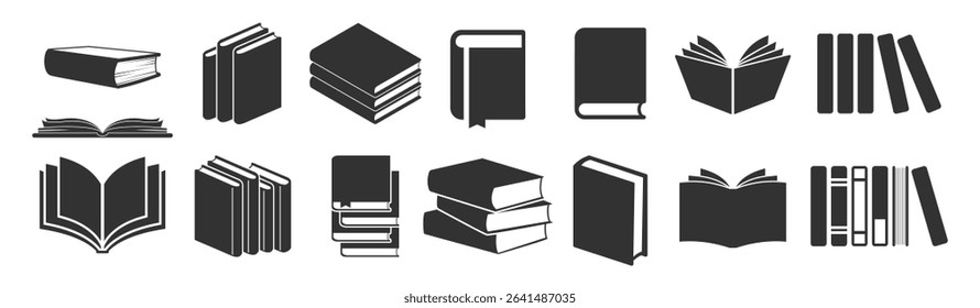 Book Icon Set. Open Book Symbols, Education Study Pictograms, Vector Line Design on Transparent Background