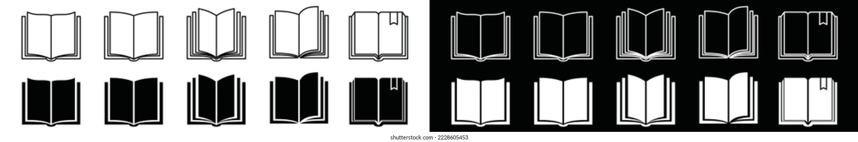 Book icon set. Book opened at center icon in flat and outline style. Stroke line and filled of book symbol, vector illustration