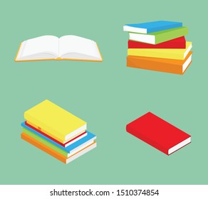 Book icon set. Opened book, closed book, stack of books and pile of books.