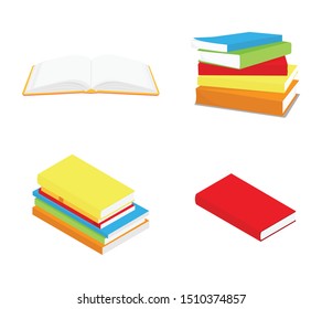 Book icon set. Opened book, closed book, stack of books and pile of books.