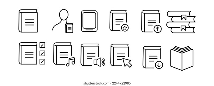 Book icon set. Reading, page, knowledge, library, paper, writer, history, printing, literature. Education concept. Vector line icon on white background
