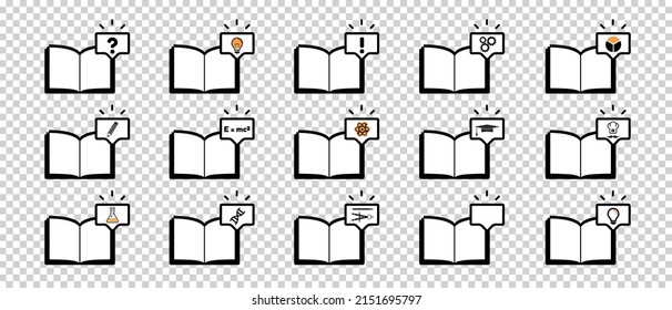 Juego De Iconos De Libros - Leer, Estudiar, Aprender, Burbujas De Voz - Ilustraciones De Vectores Diferentes Aisladas En Fondo Transparente