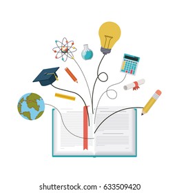 Book and icon set. School supply object and education theme. Isolated design. Vector illustration