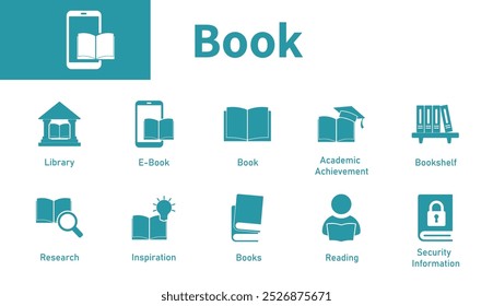 Book icon. Set of solid vector symbols on the theme of learning, knowledge, library, bookshelf, reading.