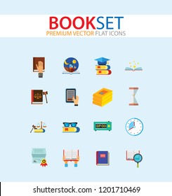 Book Icon Set. Book Stack Magnifier Notebook In Hands Glasses Shelf E-book Open Book Children Tales Bookmark Science Audiobook