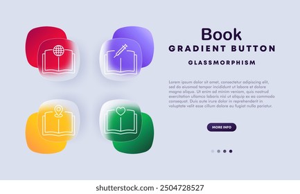 Book icon set. Starred book, bookmark, lightning book, and book with flame icons. Glassmorphism design with gradient buttons for UI UX, mobile, and web applications