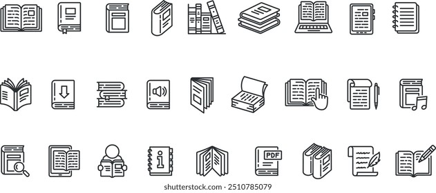 Conjunto de ícones de livro. Livro de texto, ler, sabedoria, ciclopédia, documento, romance, diário etc