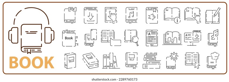 Book icon set in thin line style. Reading education Info and Help Desk Related Vector Contains Manual, Guide Reading, Info center. Editable Stroke search