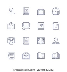 Book icon set. Thin line icon. Editable stroke. Containing book, record book, science book, audiobook, question, elearning.