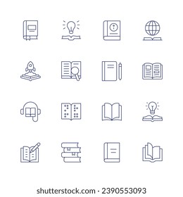 Juego de iconos del libro. Icono de línea delgada. Trazo editable. Contiene libro, guía de usuario, idea, conocimiento, bloc de notas, búsqueda, escritura, audiolibro, libro abierto, braille.