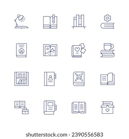 Book icon set. Thin line icon. Editable stroke. Containing book, book shelf, manual, sketch, contact book, reading, photo, barcode.
