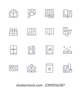 Icon-Set buchen. Dünne Linie Symbol. Bearbeitbarer Strich. Enthält Buch, Bücher, Audio, Magie, offen, Medizin, Lernen, studieren.